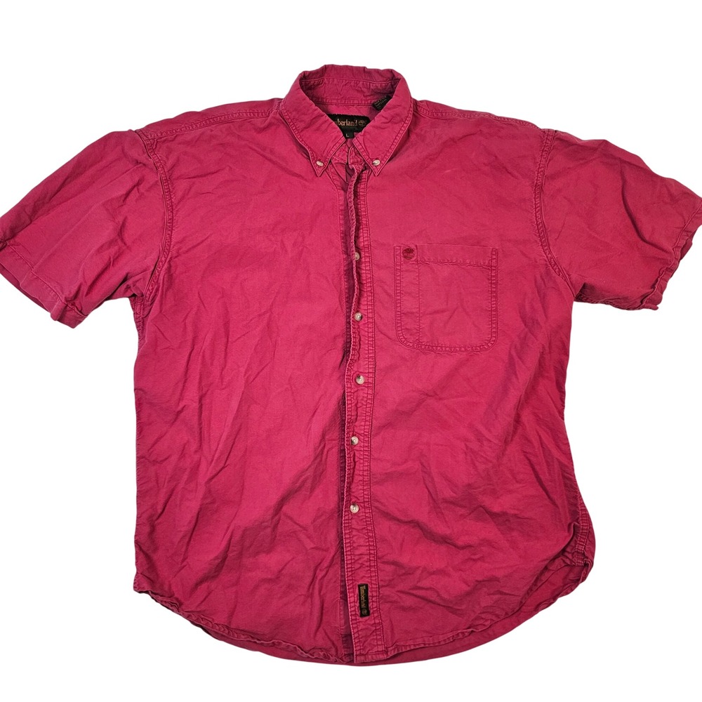 Timberland Mens Large Short Sleeve Button Down Shirt Magenta Pink Cotton Canvas